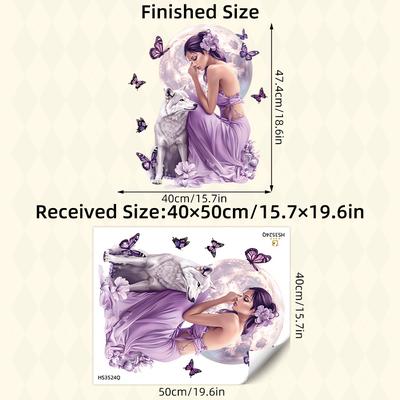 TEMU Purple Floral And Wall Decals | Self-adhesive Pvc Stickers With Wolf & Moon Design | Semi- | Removable Home Decor For Bedroom, Living Room | Contemporary Style, Bedroom Decor Image