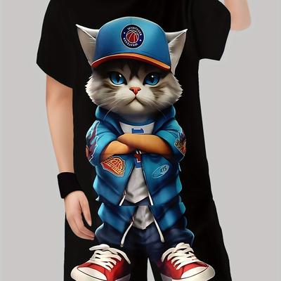 TEMU Boys' Stylish 3d Printed Casual Pullover Short-sleeve T-shirt And Shorts Set, Outdoor T-shirt And Shorts Outfit For Boys, For Outdoor Image