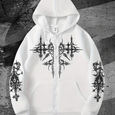 TEMU Men's Gothic Dark Style Geometric Print Full-zip Hoodie - Contrast Streetwear Pullover For Autumn/winter, Regular Fit Casual Outerwear, Autumn Winter Clothing | Contrast Image
