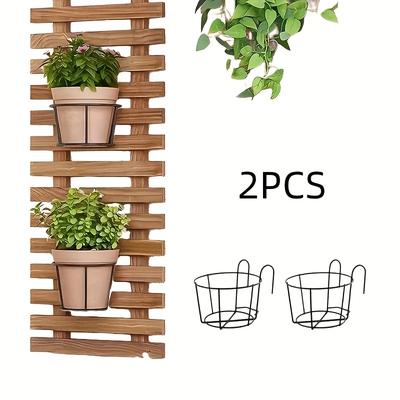 TEMU 2pcs Set Iron Round Metal Circular Hanging Railing Flower Pot Basket, Black, With Fence Rack Plant Bracket, For , Gardens, Indoor And Outdoor Image