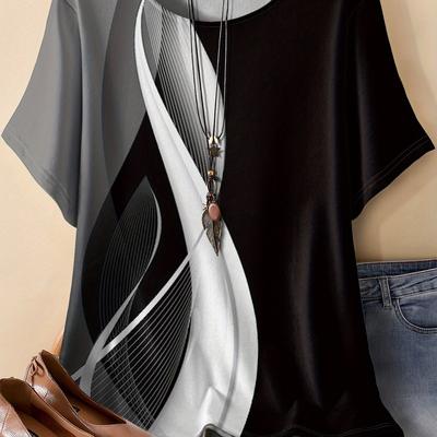 TEMU Plus Size Women's Casual T-shirt - /gray Gradient Abstract Swirl Print, Relaxed Fit Round Neck, Machine Washable , Versatile Clothing, , Nontransparent Fabric Image