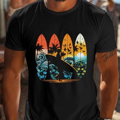TEMU Retro Hawaii Surfing Graphic Men's Short Sleeve T-shirt - Vibrant Surfboard & Palm Tree Print, Breathable Stretch Fabric, Regular Fit Casual Summer Beachwear, Machine Washable, Soft Texture Tee Image