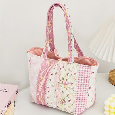TEMU 1pc Floral Large-capacity Tote Bag – Stylish & Cute Shoulder Handbag For Women, Travel, Nurses, Students, And Gifts, Pink With White Floral Pattern, Polyester Material, Drawstring Closure Image