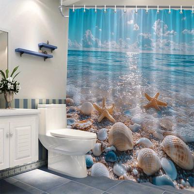 TEMU 1pc Seashell Beach Sunset Shower Curtain Featuring Starfish, Conchs, Shells, Turquoise Sea, , Coastal Vibe, Polyester Fabric Bathroom Decor With 12 Hooks, 70x70 Inches Image