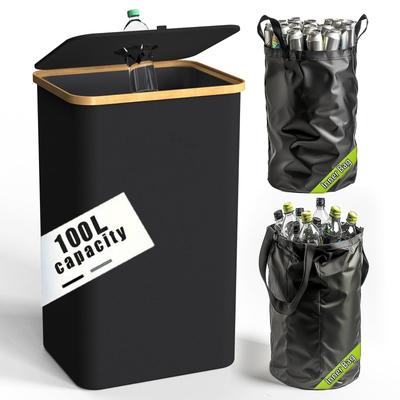 TEMU 1pc Bamboo Kitchen Bin, 26 Gallon 100l Large Capacity, Foldable Rectangle Bin With Removable Tote Bag, Zip- For Glass Paper Bottle Storage, Indoor Image