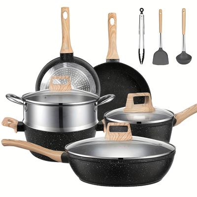 TEMU 12pcs Pots And Pans Set, Nonstick Cookware Sets Induction Cookware, Non Stick Kitchen Cooking Set With Frying Pans Set, Saucepans, Steamer--black Image