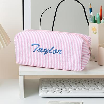 TEMU New Striped Large-capacity Student Pencil Case, Storage Bag, Embroidered Customized Name, Zodiac Sign, Anniversary And Other Personalized Text, A Great Gift! Image