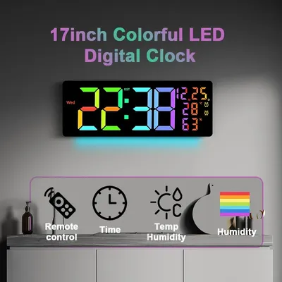 17Inch Large Digital Wall Clock Colorful Alarm Clock with Remote Control Colour Changing/Night Light/Dual Alarm LED Wall Clock