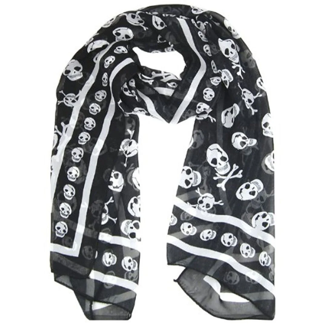 Schwarzer Chiffon Seide Gefühl Schädel Druck Mode langen Schal Schal Scaf Wrap für Frauen Schlüssel ring Image