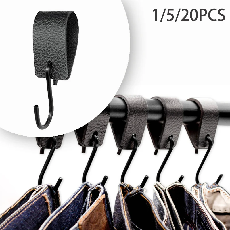 1–20 Stück S-Haken mit geschnitzter Lederschlaufe, schwarze Metall-Kleiderhaken zum Aufhängen von Pflanzen, Kleidung, Küchenutensilien, Töpfen, Pfannen, Taschen