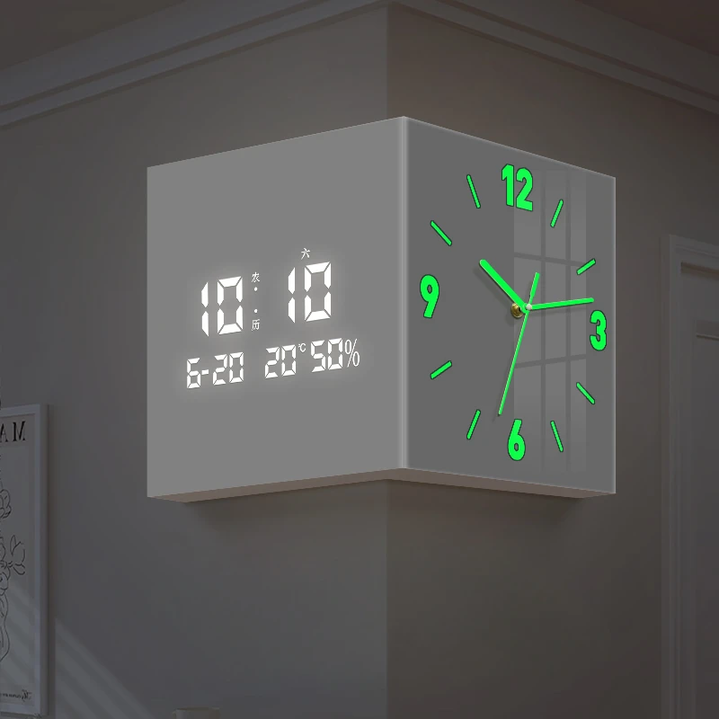 Wohnzimmer Leuchtende Uhr Wandmontage Ewiger Kalender Elektronische Uhr Ecke Doppelseitige Wanduhr Image