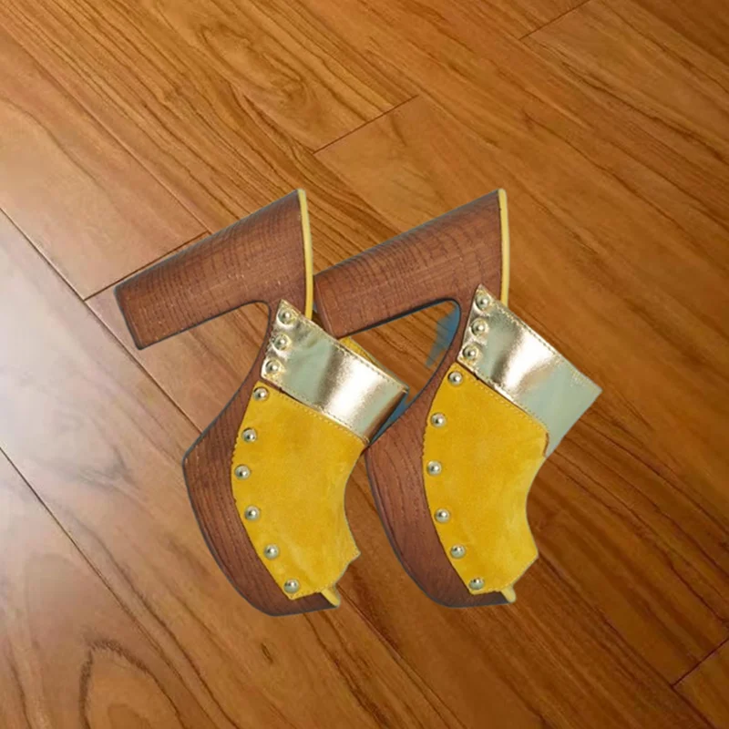 Gelb Slip Auf Holz Muster Sandalen Peep Toe Chunky Ferse Sexy Mode Kühlen Sommer Casual Große Größe Frau Schuhe Zapatillas Mujer