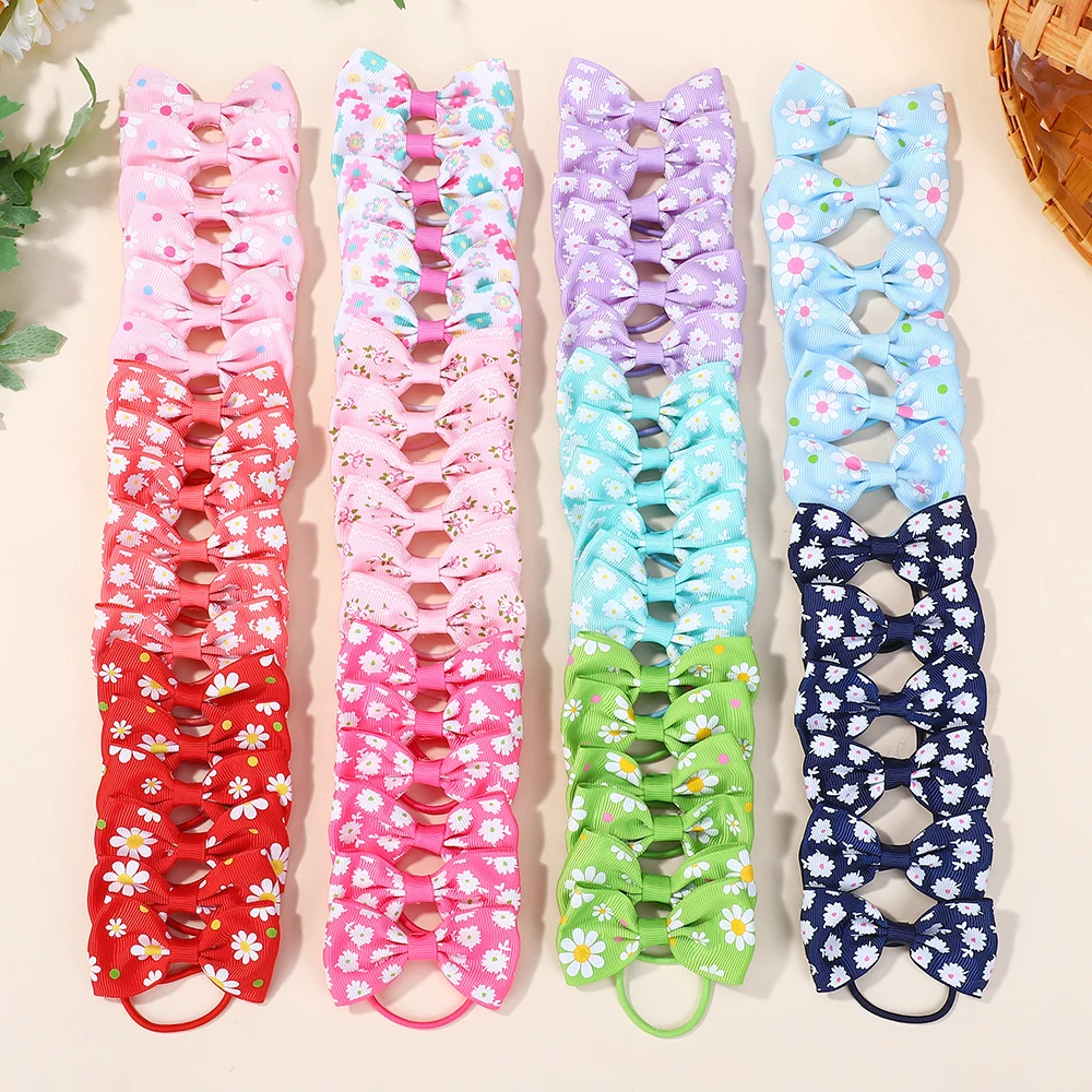 80pcs Random Color Print Ribbon Elastic Hair Bands Baby Kids Girls Colorful Handmade Bowknot Hairbands Children Hair Accessories