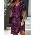 Women's Mini Dress Knit Dress Casual Dress T Shirt Dress Tee Dress Sundress Vacation Casual Beach Regular Fit Floral Graphic Vintage Short Sleeve V Neck Yellow Burgundy Blue Purple Summer Spring