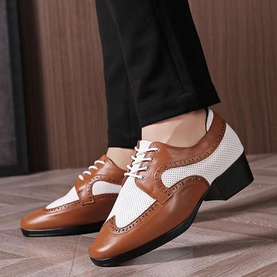 Men's Brown and White Faux Leather Dance Shoes – Classic Lace-Up Oxford Design with Perforated Detailing for Ballroom and Latin Dancing