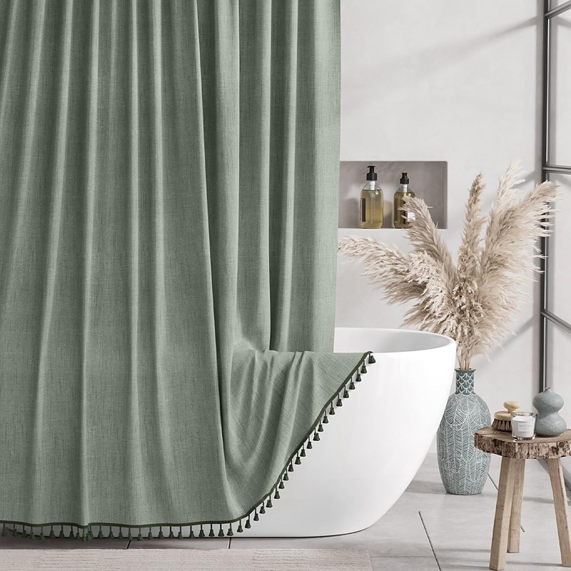 Boho Shower Curtains for Bathroom, Farmhouse Shower Curtain with Tassels, Sage Green Shower Curtain Set, Faux Linen Fabric Shower Curtain with 12 Hooks, Hotel Quality