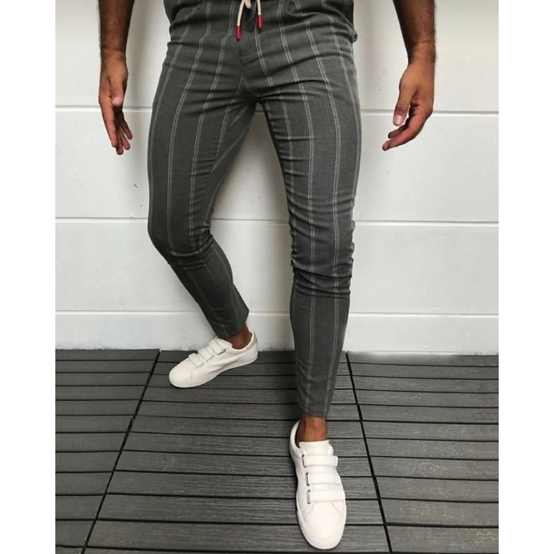 Men's Dress Pants Skinny Trousers Chinos Buttons Pocket Striped Comfort Formal Party Work Fashion Classic Style Black White Micro-elastic