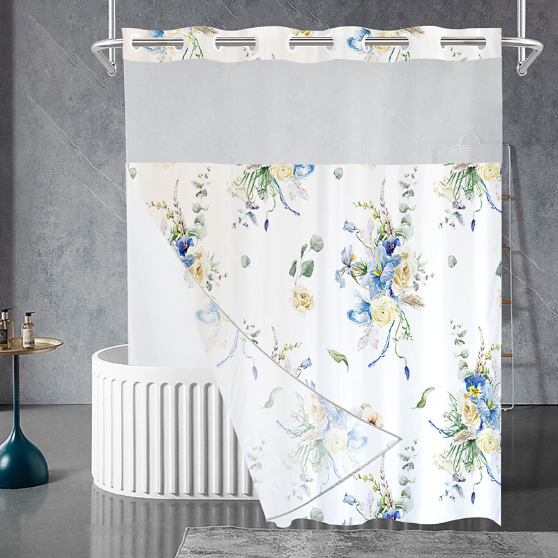 No Hook Shower Curtains 180cm180cm(7070), Floral Extra Long Bathtub Curtains with Snap in Liner, Botanical Flowers Waterproof Washable Fabric Bathroom Shower Curtain Sets
