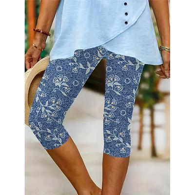 Women's Leggings Capri Pants High Elasticity Vacation Vintage Fashion Calf-Length Mid Waist Floral Graphic Printing Breathable Soft Vacation Casual Daily Robin's Egg Blue Black Deep Blue Light Blue