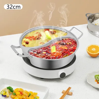 304 Stainless Steel Double Flavor Hot Pot with Tempered Glass Lid 5L/7L Capacity Compatible for Family Restaurant