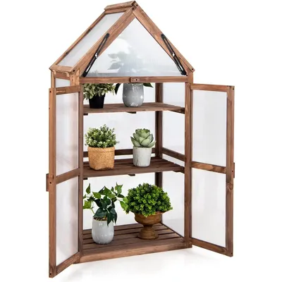 Cold Frame Greenhouse, Mini Wooden Greenhouse Raised Flower Planter Shelf w/Transparent Openable