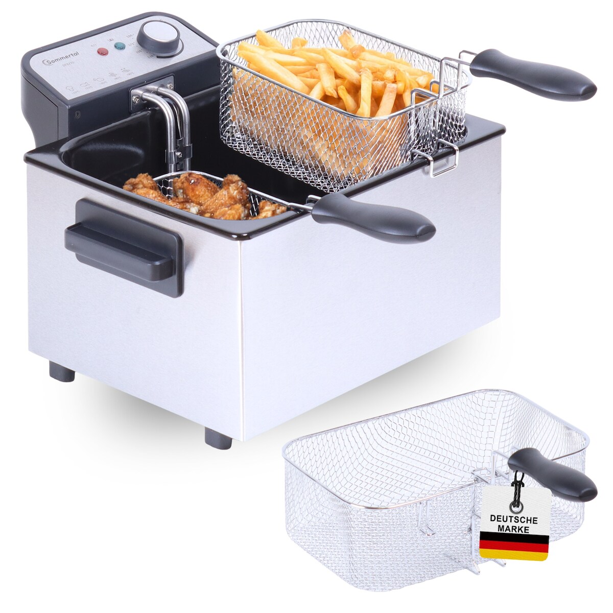 Sommertal XXL Doppel-Fritteuse mit Öl oder Fett – 3 Körbe, 5 Liter, 3000 Watt, Kaltzone, DF3270 Image