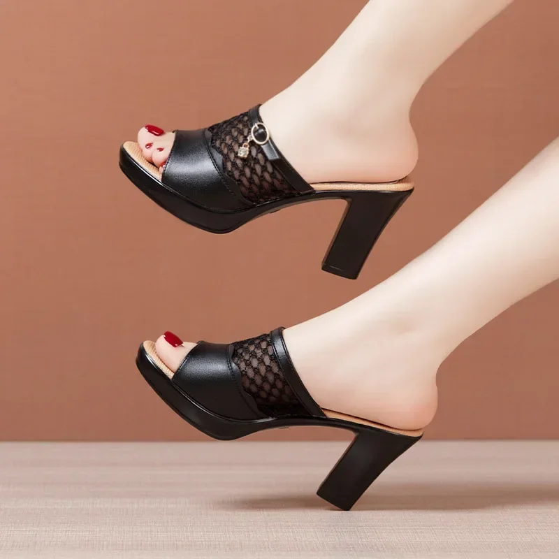 8cm 10cm Small Size 32-43 Cutout Mesh Leather Slippers Women Platform Shoes 2025 Summer Block High Heels Slides for Office MOdel