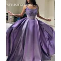 Elegante lila Perlen Abendkleider A-Linie Frauen Spaghettiträger langes Cocktailpartykleid Dubai Perlen Hochzeit Ballkleider