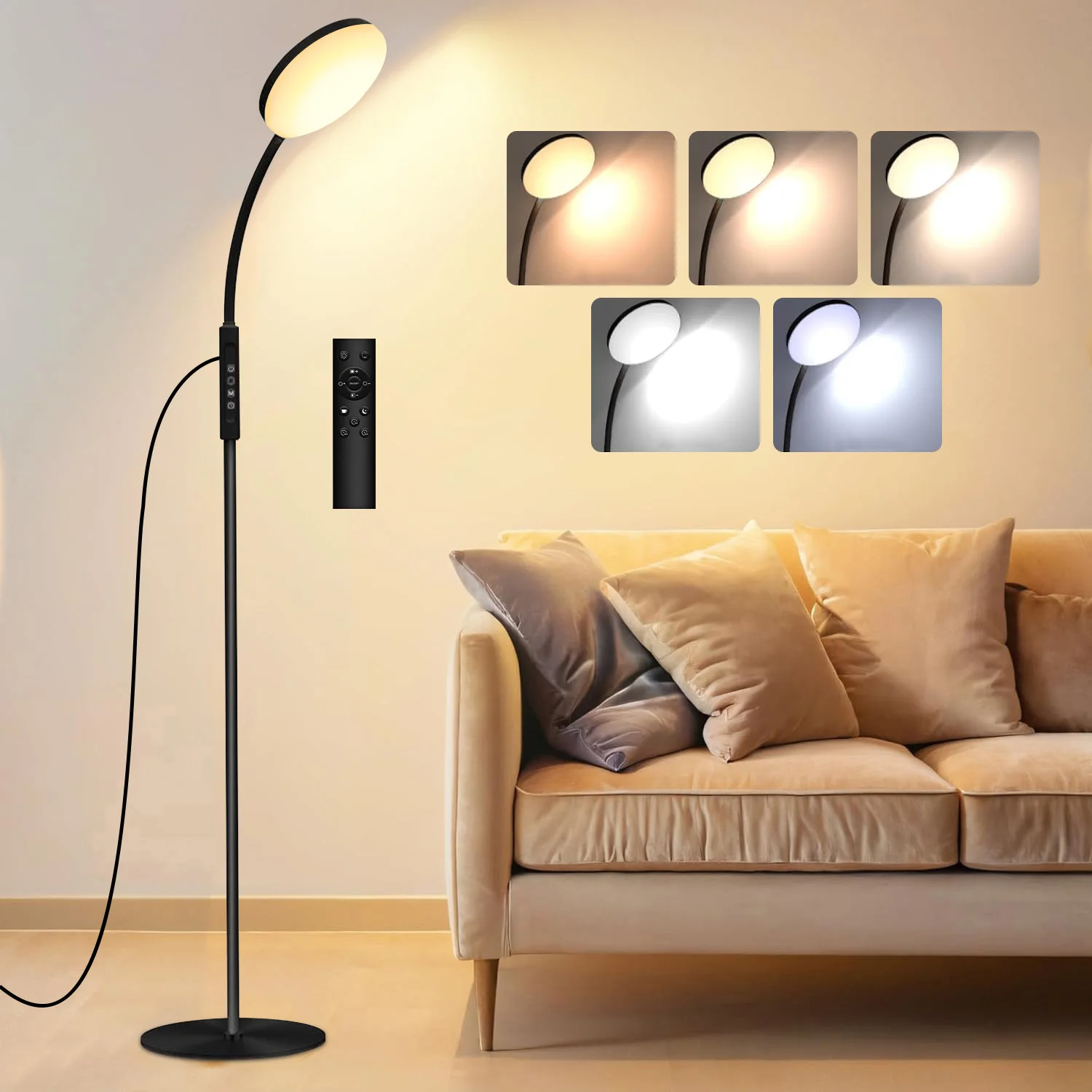 LED-Stehlampe für Wohnzimmer, Stehlampe, dimmbar, mit Fernbedienung, verstellbarer Schwanenhals, Lesestehlampe für Schlafzimmer, Büro