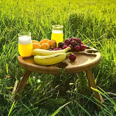 Outdoor Folding Picnic Table with Wooden Snack Tray - Portable Collapsible Camping Serving Tray Multi-Functional Compact Storage