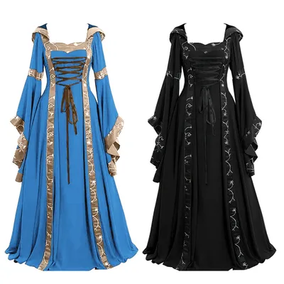 Halloween Hexe schwarz Kostüm mittelalter liche viktoria nische Kapuze Renaissance Vestido Frauen Image