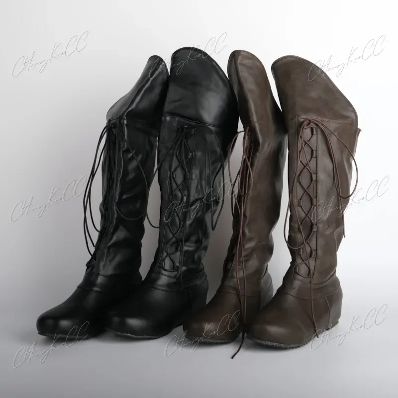 Mittelalterliche Wikinger Cosplay Männer Pu Stiefel Ritter Pirte Retro Schnürung Bogenschütze Cosplay Kostüm Renaissance Gothic Steampunk Schuhe Fancy