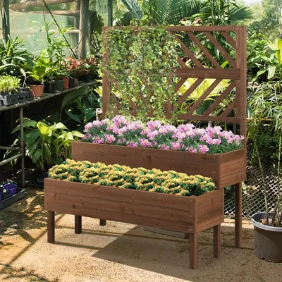 2-Tier Standing Planter Box with Legs and Drain Holes, Outdoor Elevated Garden Trellis for Vine