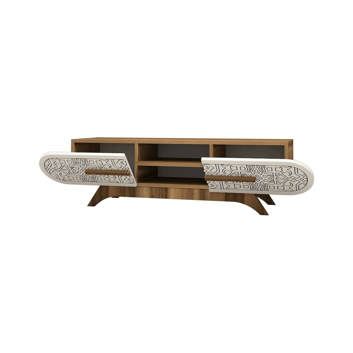 Dmora Fernsehschrank Desposit, Ständer für Wohnzimmerfernseher, Niedriges Wohnzimmer-Sideboard, TV-Ständerbasis, 145x37h37 cm, Walnuss und Weiß Image