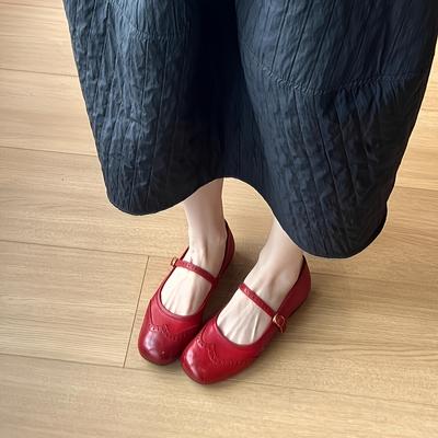 TEMU Women's Red Flats, Square Toe With Ankle Strap, Synthetic Cover, Rubber Sole, Slip-on Shoes For Spring, Ladies Shoes Image