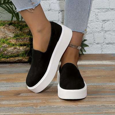 TEMU Women's Casual Slip-on Loafers | Soft Sole, Lightweight & Stylish Flat Shoes | Round Toe, Comfortable Wear | Black With White Toe Accent | Flannel Upper, Fabric Inner & Rubber Sole Image