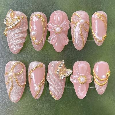 TEMU 10pcs Set Of Premium Summer Handmade Wearable Pink Cute Sweet 3d Flower Pure Nail Art Stickers Image