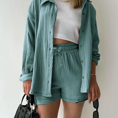 TEMU Women's Elegant Button- Cardigan Solid Color Casual Loose Long Sleeve Top And Elastic Waist Shorts Set With Turn-up Collar Shirt Two-piece Outfit Image