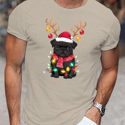 TEMU Christmas Graphic Tee For Men - Casual & Comfy Polyester Short Sleeve Shirt With Santa Hat & Scarf Design, Machine Washable, Summer Wear, Holiday Wear| Graphic Tee| Shirt Image