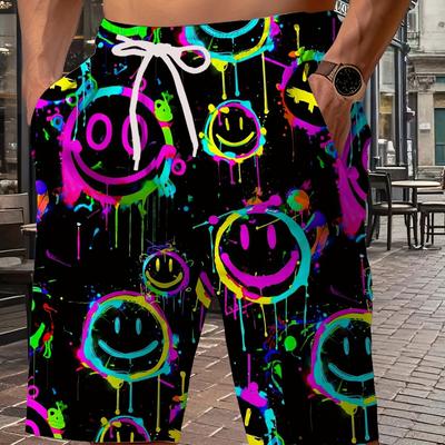 TEMU Men's Summer 3d Graphic Beach Shorts - Vibrant Neon Face & , Lightweight Breathable Fabric, Machine Washable For Outdoor Activities & Casual Wear Image