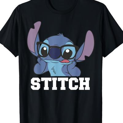 TEMU Men's & Stitch Portrait Graphic T-shirt - Black Casual Short Sleeve Tee With Stitch Text & Cartoon Design, Regular Fit, Machine Washable, Shirts Image
