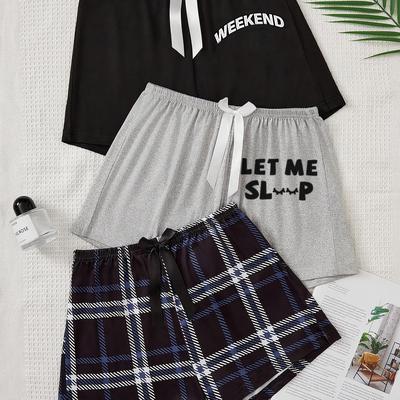 "TEMU Women's Comfortable Casual Shorts Three-piece Set, Belt With Bow Decoration, Printed "weekend Sleep" Pattern, Loose Fit With Elastic Waistband, Perfect Casual Shorts , Machine Washable And Dry" Image
