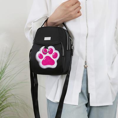 TEMU 1pc Cute Paw Print Pattern Crossbody Bag For Women, Oxford Cloth Shoulder Bag With Polyester Lining, Zipper Closure, And Pink Accents On Trim, Small Crossbody Bag Image