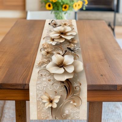 TEMU 1pc Elegant Floral Table Runner - 3d Beige With Vines, High-quality Polyester Fabric, Decor For Dining Tables, Easy To Clean And , Table Decoration | Motif | Highquality Textile, Decorations Image
