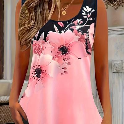 TEMU Women's Plus Size Floral Print Tank Top - Elegant Sleeveless Vest For Summer, Casual Round Neck Design With Pattern, Summer Tank Tops Image