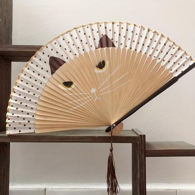 TEMU 1pc Whimsycat Hand- Design Bamboo Folding Fan, Paper Material, Summer Fashion Accessory For Women Image
