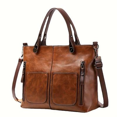 TEMU Women's Vintage Crossbody Shoulder Bag - Large Capacity Multi-pocket Handbag With Zipper Closure, Adjustable Strap & Polyester Lining, Dark Brown For Everyday Use Image