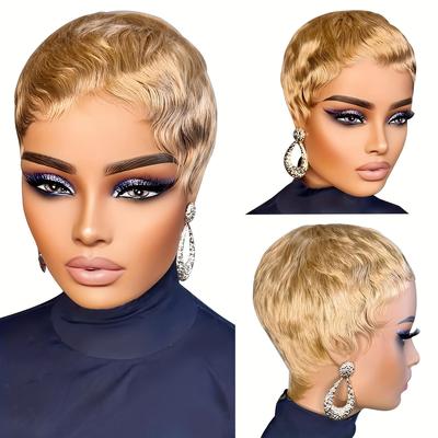 TEMU Brazilian Human Hair Cut Wig For Women - Honey Blonde 180% Density Straight Short Wig With Bangs, Non-lace Front Cap For Party Cosplay & Daily Use Image