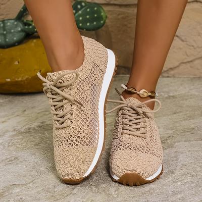 TEMU Women's Breathable Lightweight Lace-up Sneakers - Sporty Casual With Knit Fabric Upper, Cushioned Rubber Sole & Arch Support - Versatile Walking Shoes For , Comfortable Footwear | Sleek | Image