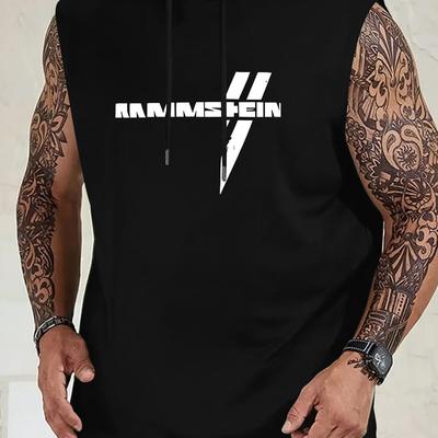 TEMU Men's Sporty Sleeveless Hooded Tank Top With Graphic Print - Maroon Summer Workout Shirt For Gym, & Casual Wear - Breathable Regular Fit, Gym Shirts Image